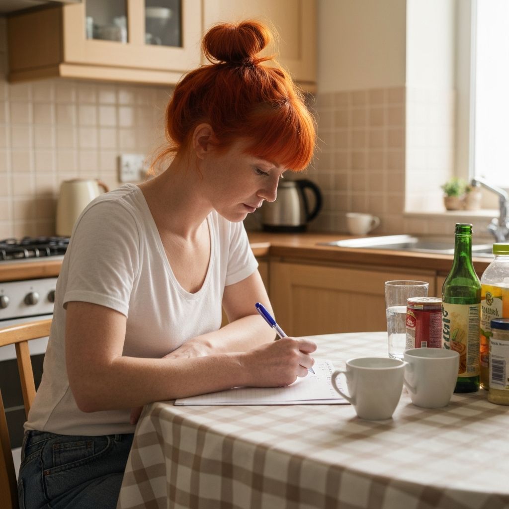 Person writing a shopping list at home with pen and paper